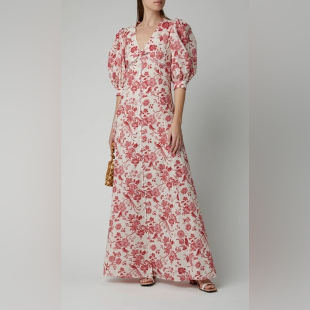 NEW Evi Grintela Chloe Cotton Poplin Floral Red Ivory Maxi Dress Women's Large